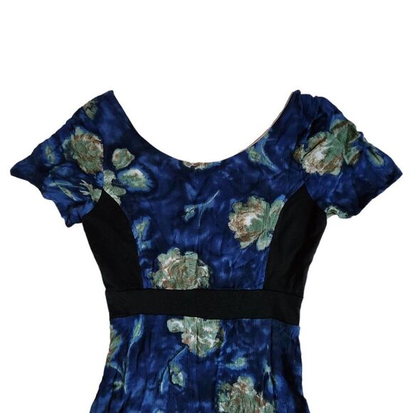 Super Lucky Cat blue black floral zip front short sleeve dress sz S - Picture 4 of 10